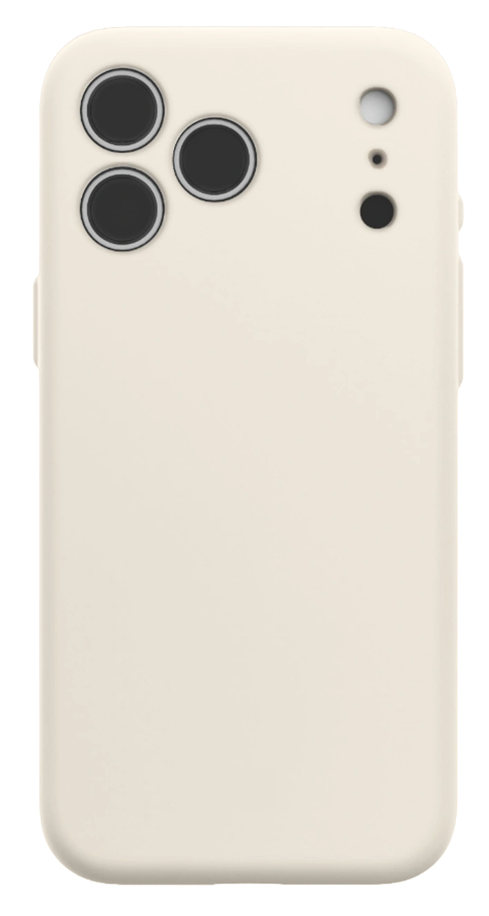 Close-up of the upper back of a cream soft phone case showing its camera cutouts.