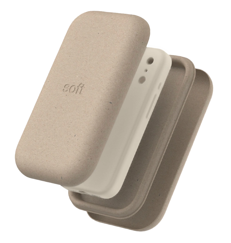 Exploded view of a cream soft phone case showing its biodegradable layered construction.