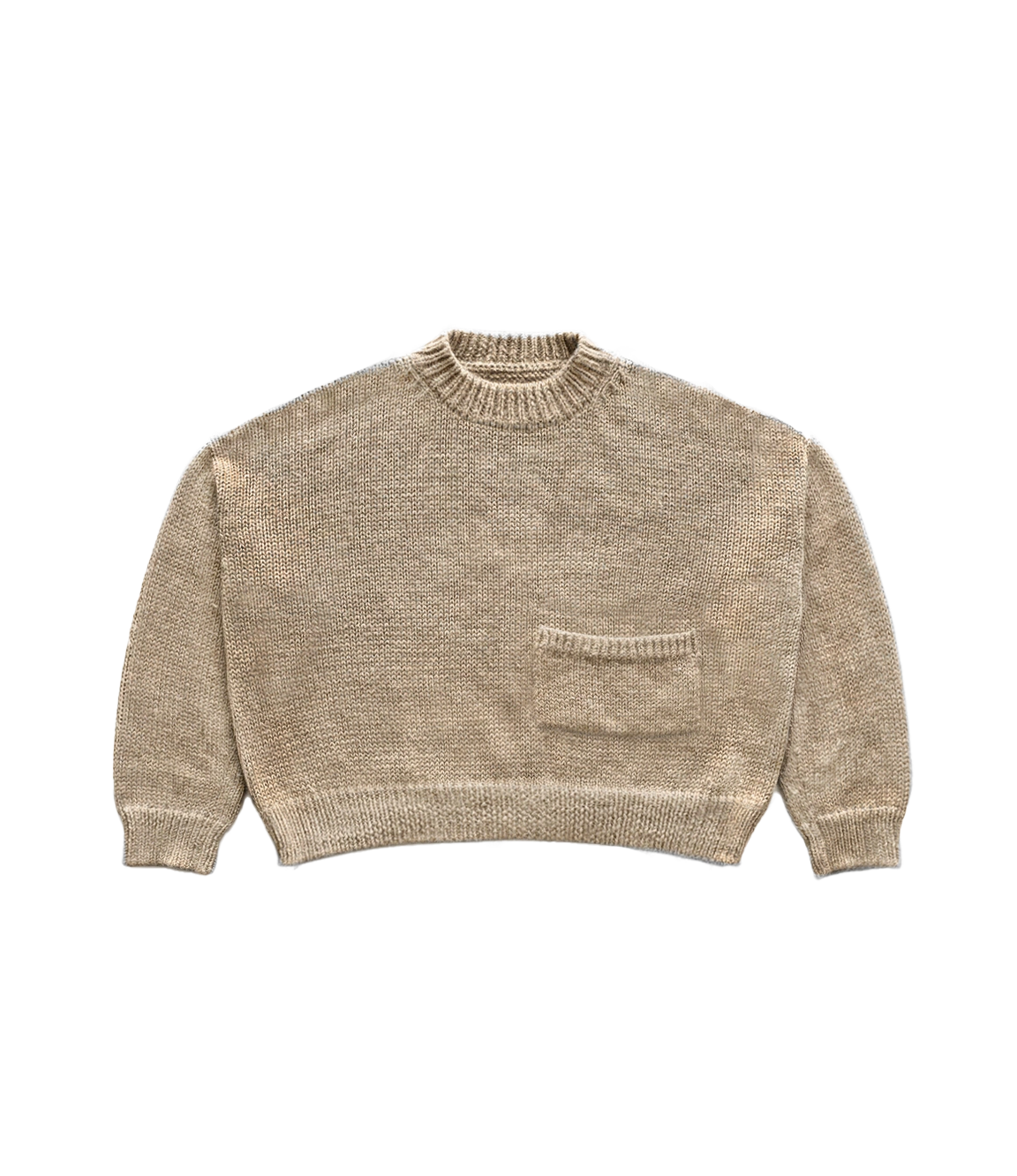 Flat lay of the front of a beige knit soft sweater on a neutral background.